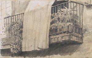 Balcony with Flowers and Curtain by Santiago Rusiñol